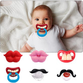 Austuff 6pc pacifier set with lips and mustache for playful soothing.