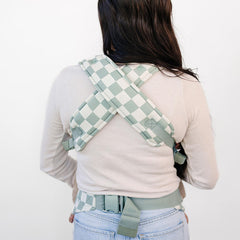 Ava & Oliver Essential Baby Carrier breathable fabric olive checker keeps both cool during strolls.