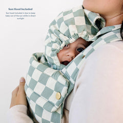 Ava & Oliver Essential Baby Carrier ergonomic straps olive checker provide comfortable adjustable support.