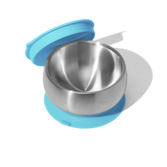 Avanchy baby bowls blue with suction lids keep meals contained.