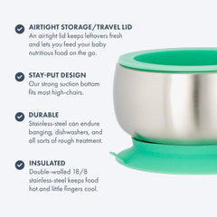 Avanchy suction base on bowls promotes safer, tidier feeding.