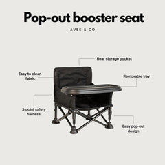 Avee & Co booster chair with removable tray for easy cleanup during snacks
