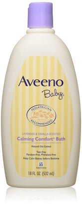 Aveeno Baby Calming Comfort Bath bottle closeup for soothing bedtime routines.