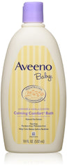 Aveeno Baby Calming Comfort Bath bottle closeup for soothing bedtime routines.