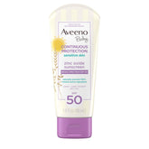 Aveeno Baby Continuous Protection mineral sunscreen bottle shows SPF 50 for sensitive skin.
