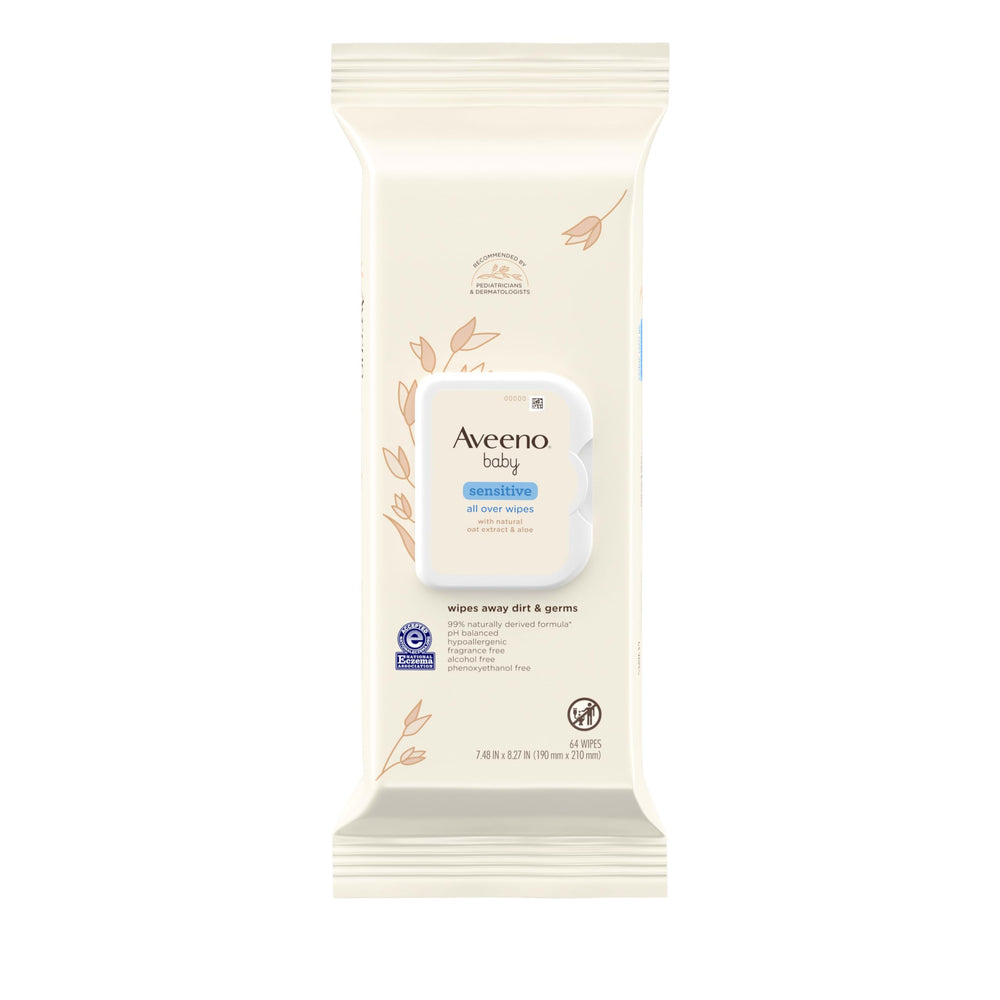 Aveeno Baby Sensitive All Over Wipes pack—the resealable, fragrance-free option for gentle cleansing.