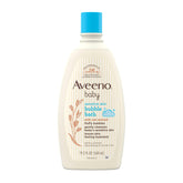 Aveeno Baby Sensitive Skin Bubble Bath bottle shows a gentle, hydrating formula for everyday use.