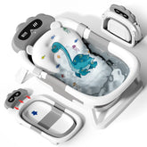 AVIDOR baby bathtub with dinosaur-grey collapsible design for easy storage and cozy baths.
