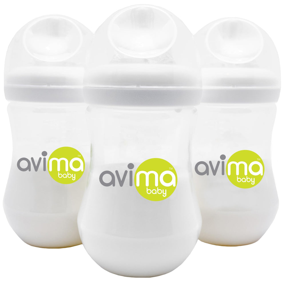 Avima baby bottle set with wide neck supports easy cleaning and comfortable feeds (3-6 months).