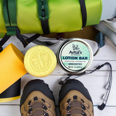 Avital's Apiaries unscented lotion bar packaging, compact hydration for on-the-go moisture.