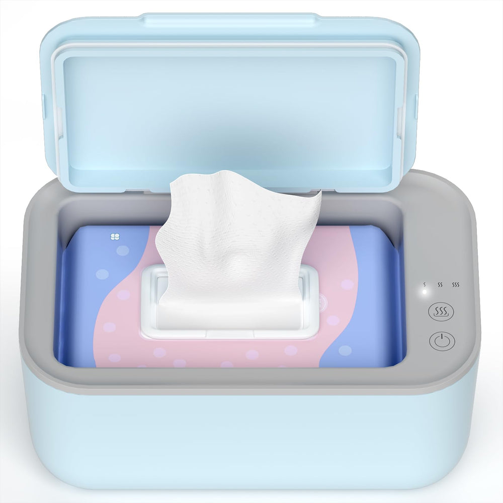 Awesmom wipe warmer blue front view showcases compact design for on-the-go baby care