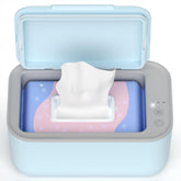 Awesmom wipe warmer blue front view showcases compact design for on-the-go baby care