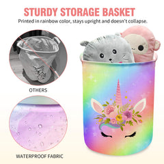 Aynaxcol Unicorn Laundry Basket showing 43.3L capacity and compact dimensions for storage.