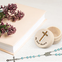 Azbuk rosary length 14.3 inches shown beside case