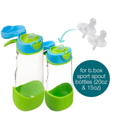 b.box Sport Spout Replacement Tops on 15oz and 20oz bottles shows universal fit for ongoing hydration.