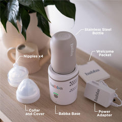 Babba Care warming process shows 5-minute body-temperature warming for feeds.