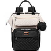 BabbleRoo diaper bag backpack in apricot-black showing roomy compartments for organized baby gear on the go.