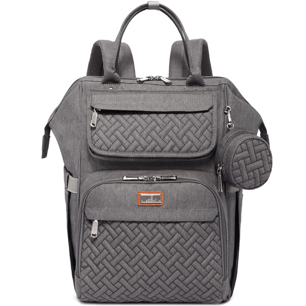 BabbleRoo diaper bag backpack front view in dark gray shows spacious 26L capacity for on-the-go parents