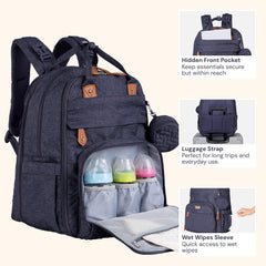 BabbleRoo diaper bag backpack featuring stroller clips and travel sleeve for easy transitions