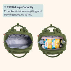 BabbleRoo Extra Large Diaper Bag Backpack expands to 40 liters for bigger trips.