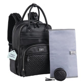 BabbleRoo Leather Diaper Bag Backpack front pocket keeps essentials within reach.