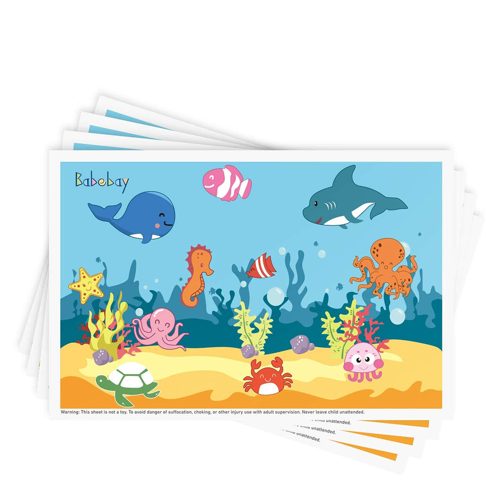 Babebay disposable placemats in blue ocean life on-the-go clean eating surface