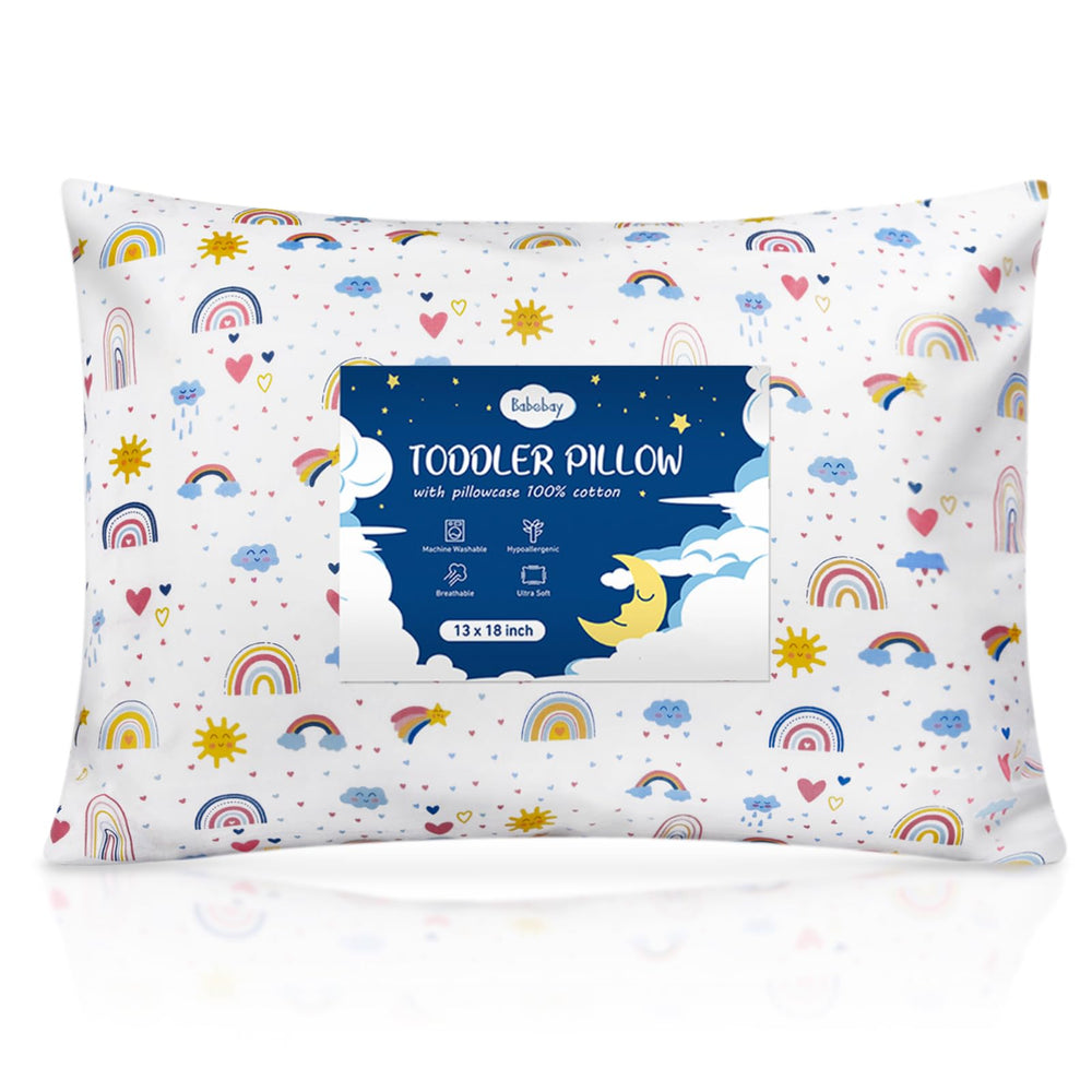 Babebay toddler pillow pattern shows sunshine rainbow for happier naps and relaxed bedtime.