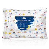 Babebay toddler pillow pattern shows sunshine rainbow for happier naps and relaxed bedtime.