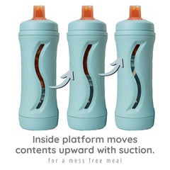 Babeehive Subo bottle in duck egg blue with cap, demonstrates spill-proof, on-the-go portability.