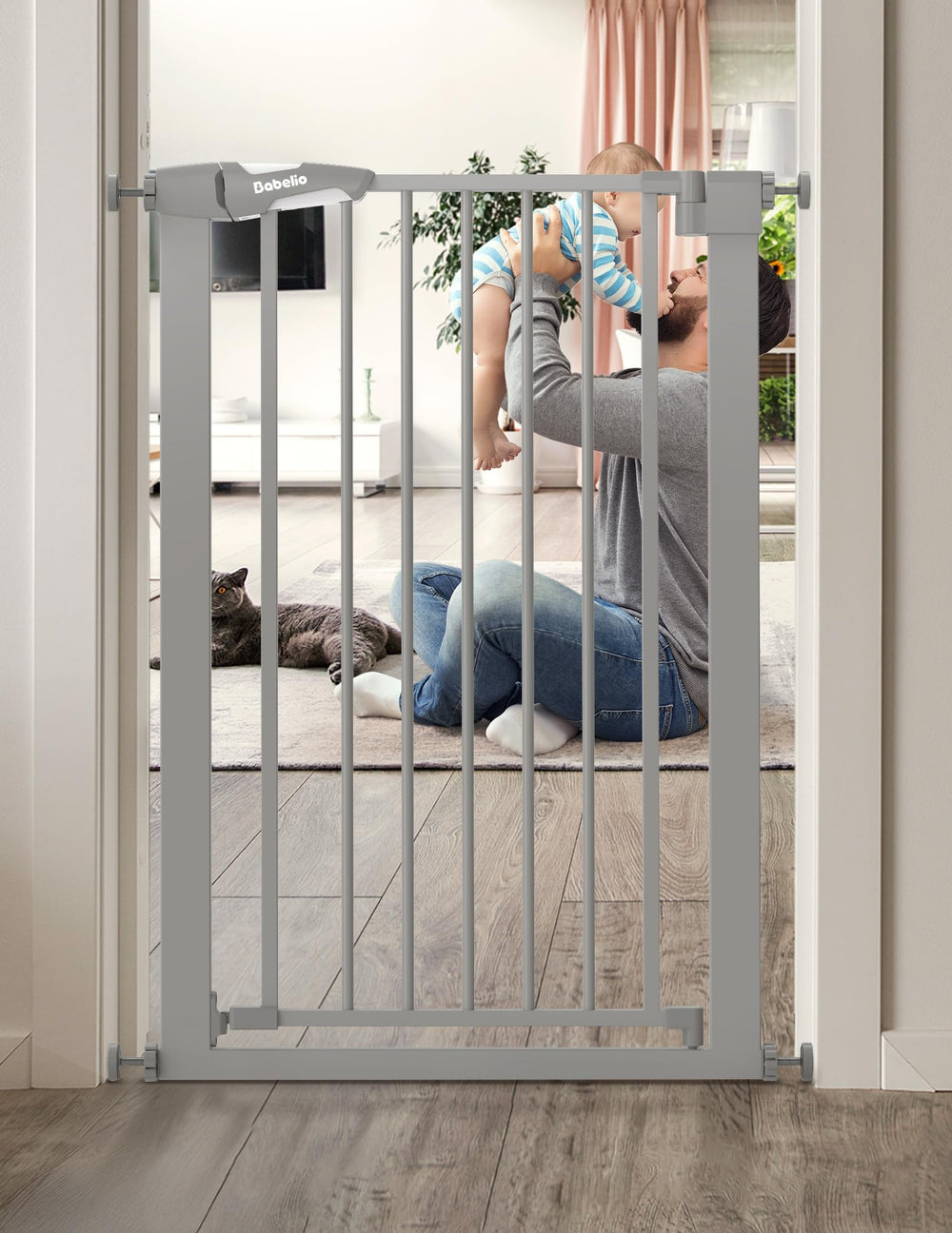 BABELIO 36-inch tall narrow baby gate side view showing secure fit in a tight opening