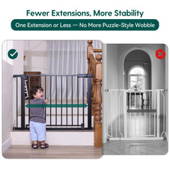 BABELIO baby gate auto-close at 90 degrees supports hands-free transitions.
