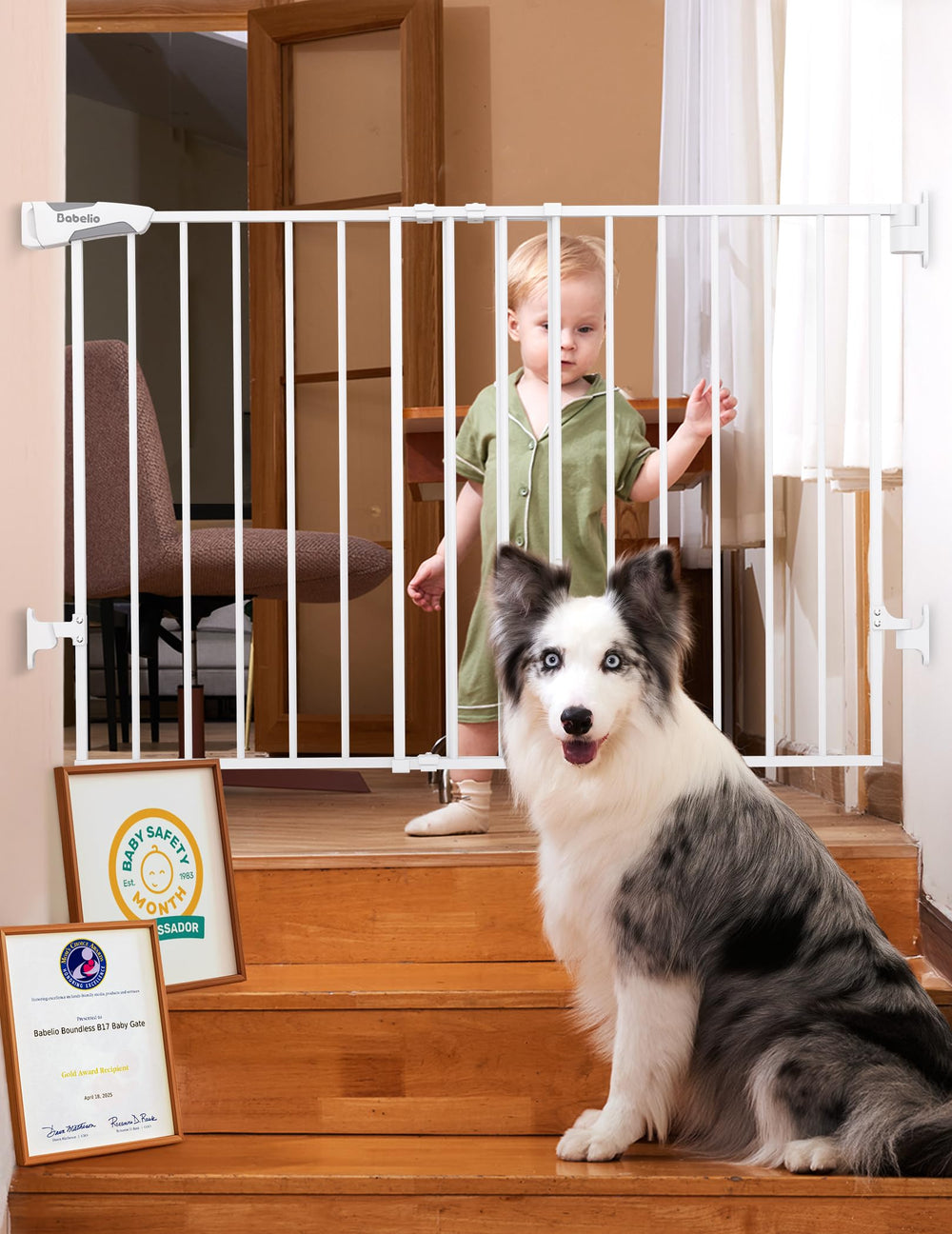 Babelio Baby Gate at stairs top installation shows secure hardware mounting for stair safety