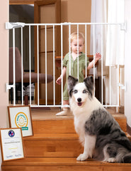 Babelio baby gate top-stairs white demonstrates sturdy hardware mount for stair safety.
