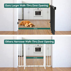 BABELIO gate shows wide walk-through with sill-free design for easy hallway passage.