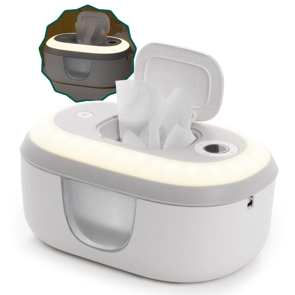 BABELIO wipe warmer top view keeps wipes warm for easy nighttime changes.