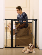 BABELIO Clear Baby Gate installation view shows tool-free pressure setup for doorways.