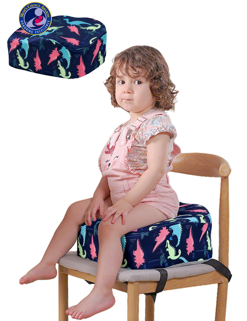 Babelio Ergo-Designed Booster Seat assembly demonstrates secure fit to a chair.