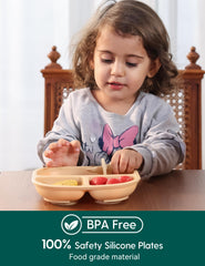 BABELIO Powerful Suction Plates with toddler on high chair demonstrates stay-put meals.