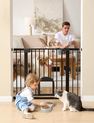 BABELIO Upgraded Baby Gate main view in black for safe, easy walking through with pet door.