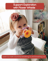 BaBeloved Flower Whistle baby chewing image highlighting safe materials and relief potential.