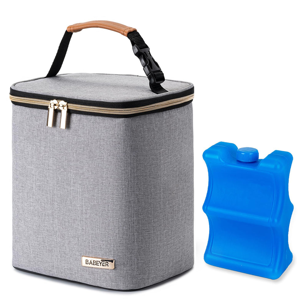 BABEYER breast milk cooler bag with ice pack keeps up to four bottles cold on the go.
