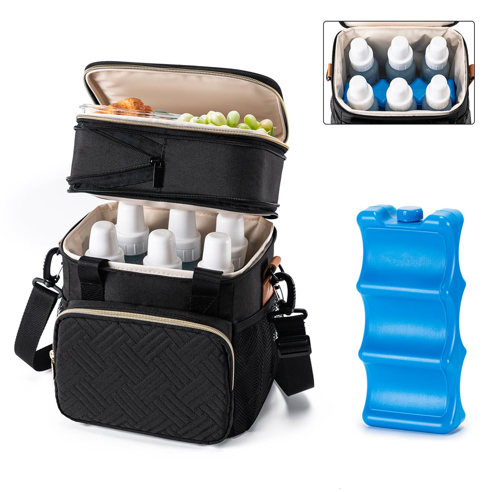 BABEYER breastmilk cooler bag interior bottle compartment keeps six 9-ounce bottles organized.