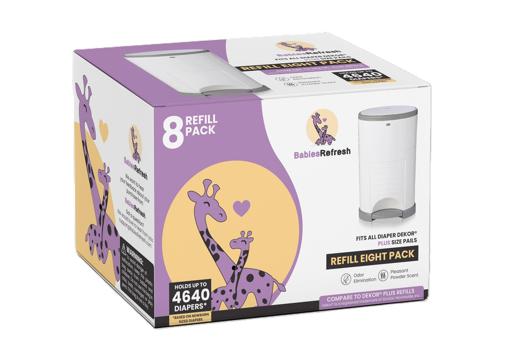BabiesRefresh DEKOR PLUS refill 8-pack front view showing compact design and odor control.