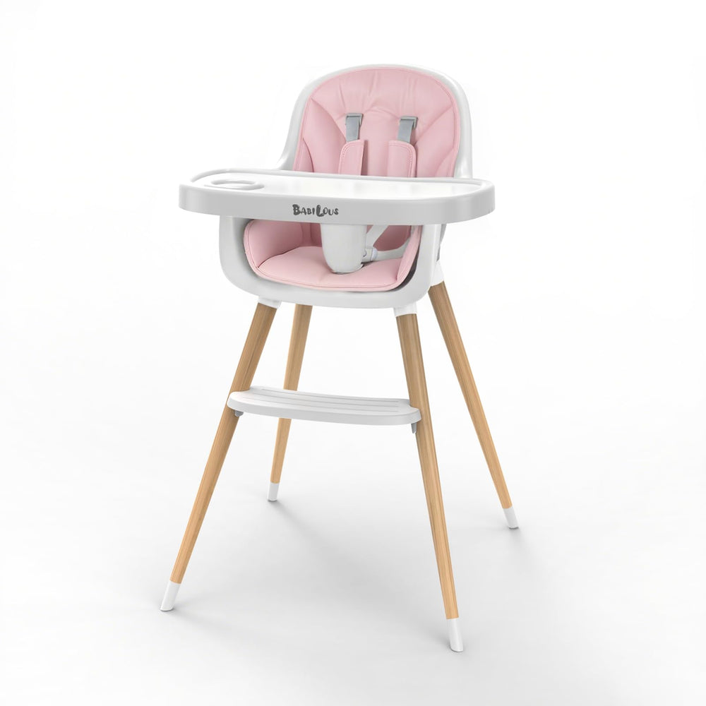 Babilous baby high chair wooden frame provides sturdy dining support for infants.