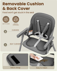 Babilous foldable high chair with dishwasher-safe tray for quick cleanup after meals.