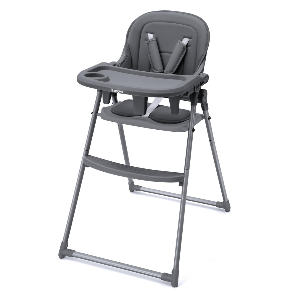 Babilous foldable high chair folded for compact storage in small kitchens.