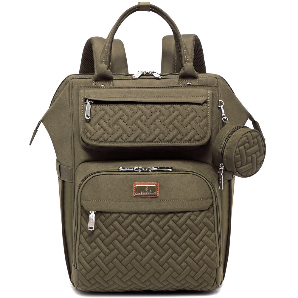 BabbleRoo army green diaper bag backpack front view shows roomy compartments for baby gear.