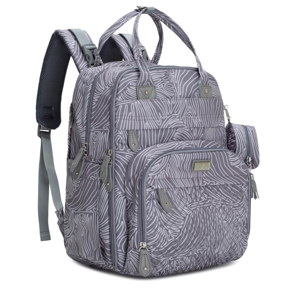 BabbleRoo diaper bag backpack gray swirl front view, showcasing organized spaces for on-the-go parenting.