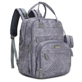 BabbleRoo diaper bag backpack gray swirl front view, showcasing organized spaces for on-the-go parenting.