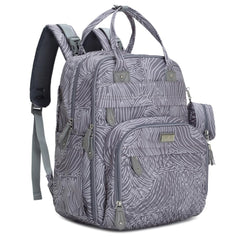 BabbleRoo diaper bag backpack gray swirl front view, showcasing organized spaces for on-the-go parenting.